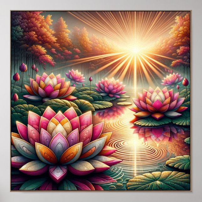 Póster Serenidad luminosa: Lotus florece al amanecer (Frente)