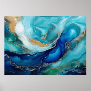 Póster Serenidad Teal Cobalto y Abstracción Oceánica Verd