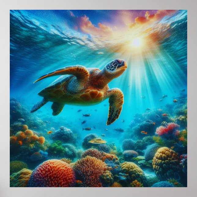 Póster Serenity Sunset Sea Turtle y Coral Reef Poster (Frente)