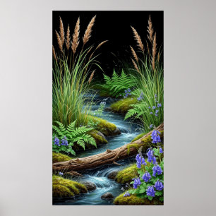 Póster 🌿 Sereno arroyo del bosque con flores silvestres