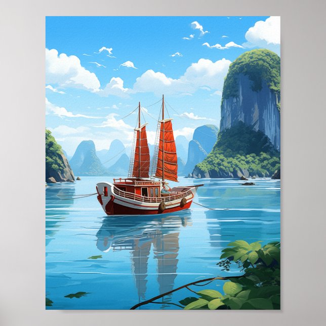 Póster Sereno Barco Tradicional Chato en el Esmeralda de  (Frente)