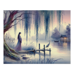 Póster Sereno lago de fantasía con sauce y garza