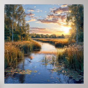 Póster 🌲 Sereno paisaje del lago del bosque reflejo de l