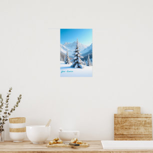 Póster Sereno paisaje montañoso nevado y pino invernal