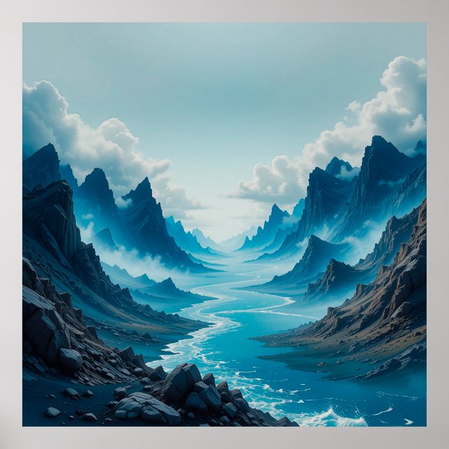 Póster Sereno río azul que fluye entre montañas dramática (Frente)