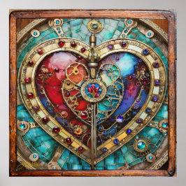 Póster Serie de Steampunk Heart de Vidrio Manchado Rojo y