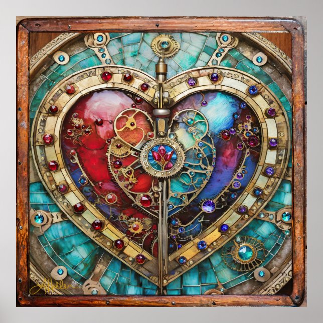 Póster Serie de Steampunk Heart de Vidrio Manchado Rojo y (Frente)