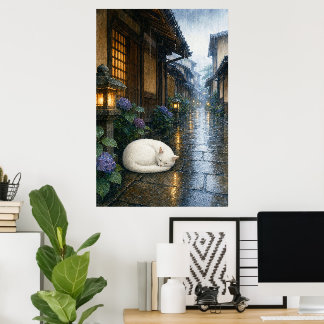 Póster series_2_8|Sleeping White Cat Rainy Kyoto Art