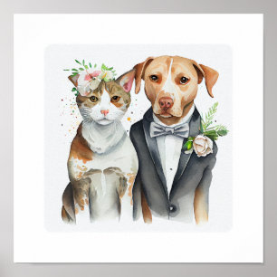 Póster serio gracioso: maleza de gato y perro, acuarela