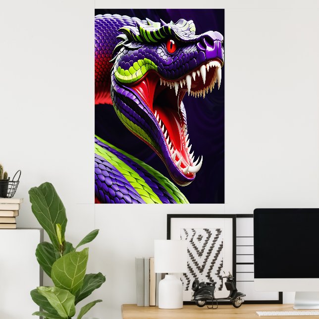 Póster Serpiente Cobra con escalas vibrantes verdes y vio (Oficina en casa)