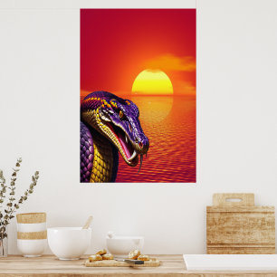 Póster Serpiente Cobra con escamas violetas y amarillas