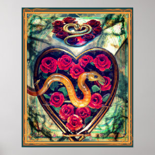 Póster Serpiente, corazón y Rosas