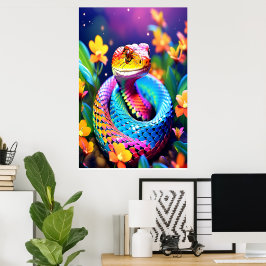 Póster Serpiente de Cobra con rosa y amarillo turquesa vi