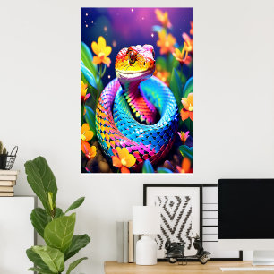 Póster Serpiente de Cobra con rosa y amarillo turquesa vi