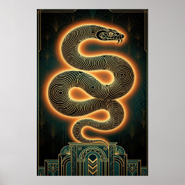 Póster Serpiente de oro con estilo Art Deco ornamentado
