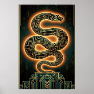 Póster Serpiente de oro con estilo Art Deco ornamentado