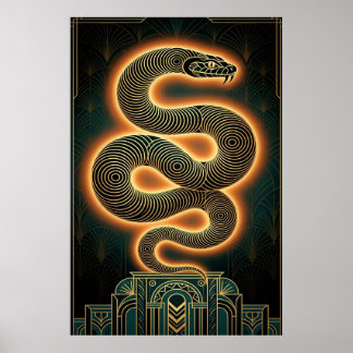 Póster Serpiente de oro con estilo Art Deco ornamentado