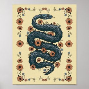 Póster Serpiente floral (azul)