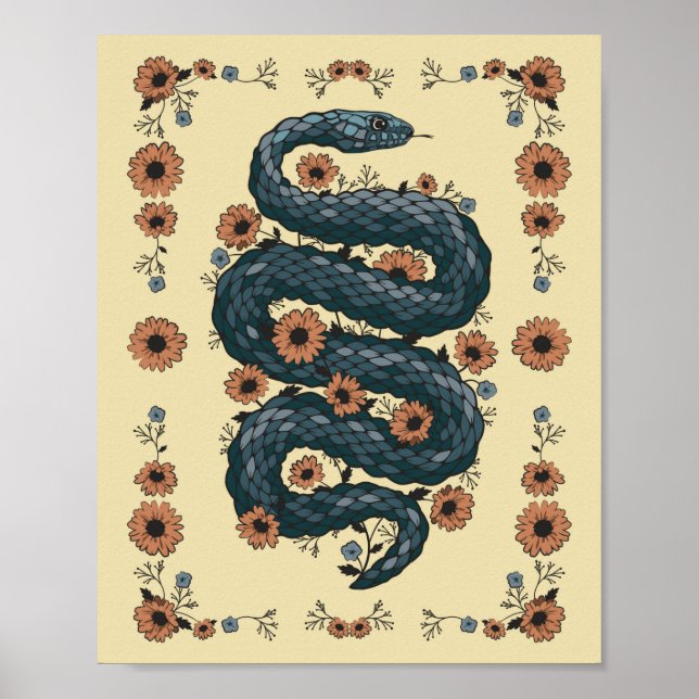 Póster Serpiente floral (azul) (Frente)
