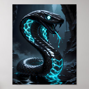 Póster Serpiente Negra de Neon Azul Cobra Fantasía Brilla