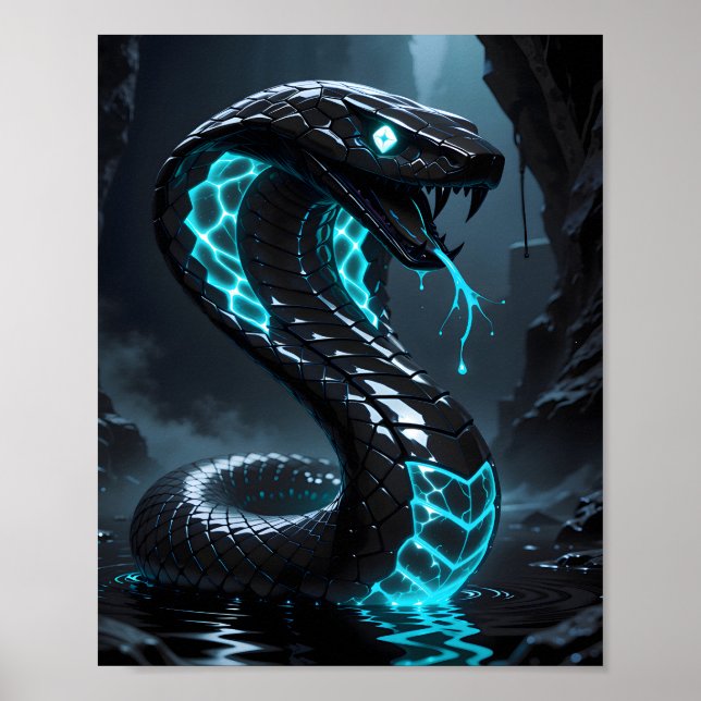 Póster Serpiente Negra de Neon Azul Cobra Fantasía Brilla (Frente)