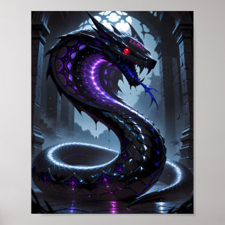 Póster Serpiente Negra Gótica Brillante Neón Purpura Fant