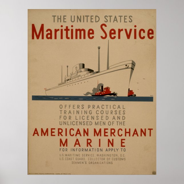 Póster Servicio Marítimo Gran Barco Con Tuglanes WPA (Frente)