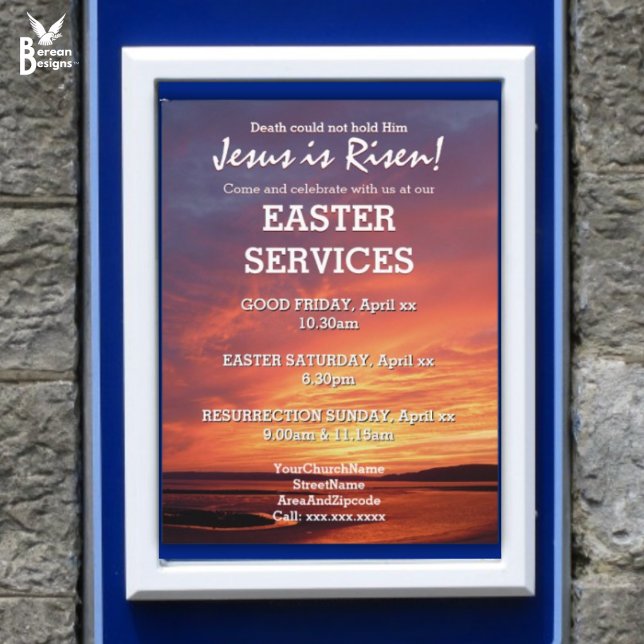 PÓSTER SERVICIOS DE IGLESIA CRECIENTES (Jesus is Risen Easter Services poster which can be placed in a display board)