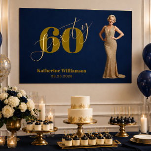 Póster Sesenta Elegante Azul y Oro Cumpleaños 60