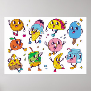 Póster Set de comida y bebida en ilusiones de estilo retr