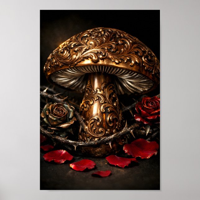 Póster Seta de Bronce Ornate Rosa Roja Gótica Steampunk (Frente)