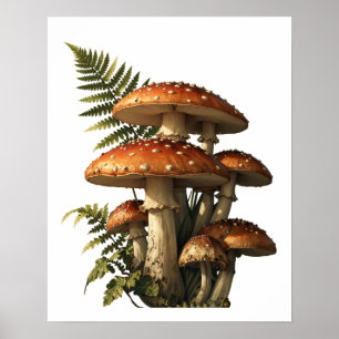 Póster Setas Amanita Rojas con Helechos Botánicos
