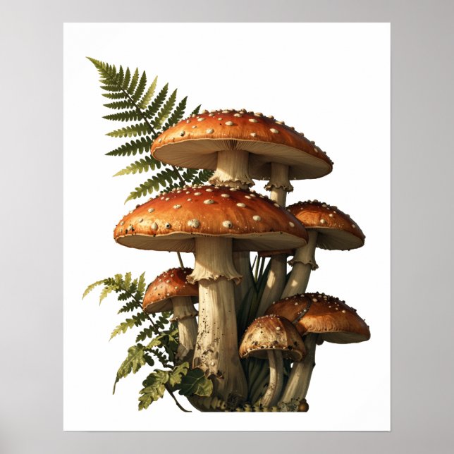 Póster Setas Amanita Rojas con Helechos Botánicos (Frente)