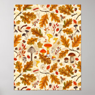 Póster Setas del bosque y flora de otoño sobre crema