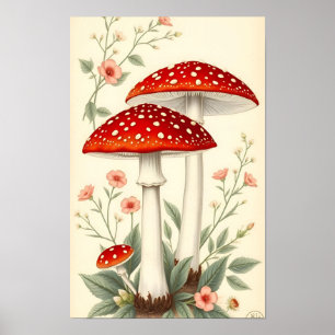 Póster Setas Florales Rojas y Blancas de Amanita Muscaria