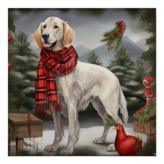 Póster Setter Inglés Perro en Navidad Nieve (Anverso)