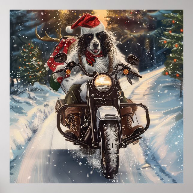 Póster Setter Inglés Perro Montando Motocicleta Navidad (Frente)