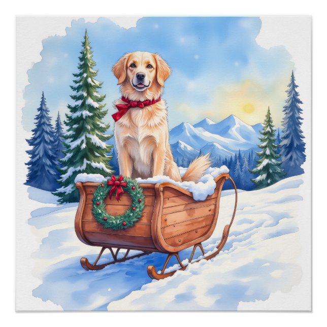 Póster Setter Irlandés Disfrutando del Trineo de Navidad  (Anverso)