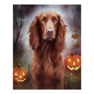 Póster Setter Rojo Irlandés de Halloween con Calabazas Es