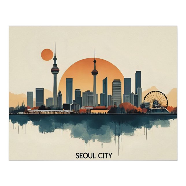 Póster Seúl City Moderno Skyline Arte Retro Corea del Sur (Anverso)