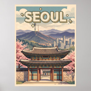 Póster Seúl Corea del Sur – Flores de Cerezo y Horizonte