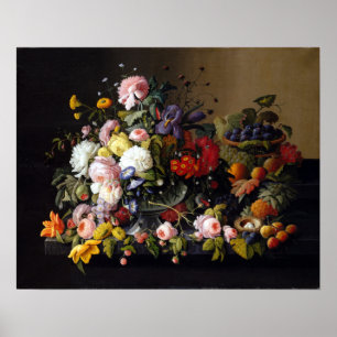 Póster Severin Roesen Todavía vida, flores y fruta