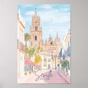 Póster Sevilla España Gouache Paint Ilustracion Viaje