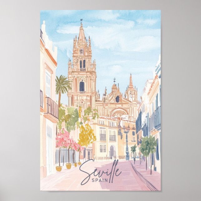 Póster Sevilla España Gouache Paint Ilustracion Viaje (Frente)