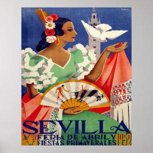 Póster Sevilla, España, mujer con paloma blanca, cosecha