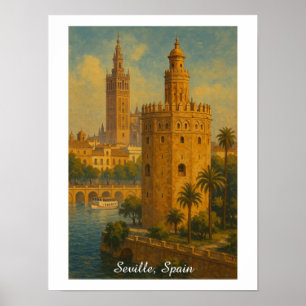 Póster Sevilla España Viaje Antiguo Giralda & Torre Oro