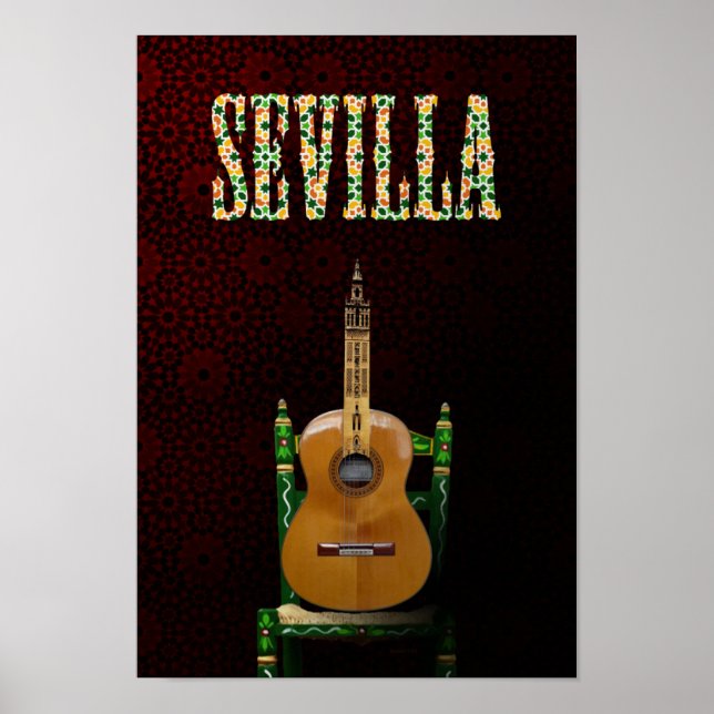 Póster SEVILLA. Guitarra flamenca con Giralda de Sevilla. (Frente)