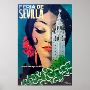Póster Sevilla, torre y mujer cabelluda negra, vintage de