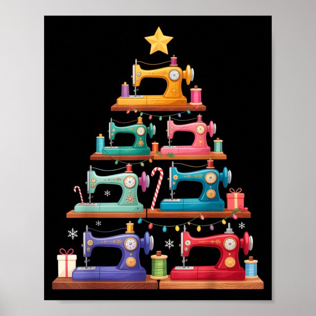Póster Sewing Machine Christmas Tree Lights Santa Hat Xma (Frente)