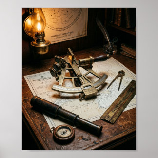 Póster Sextante de latón antiguo y escritorio de navegaci